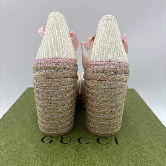 Gucci Canvas Grossgrain Embroidered Judit Ankle Wrap Platform Size 37 ✨ - Picture 3 of 5